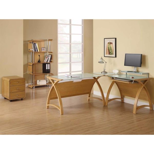 l shaped desk with corner link and oak office bookcase in office roomset oak finish