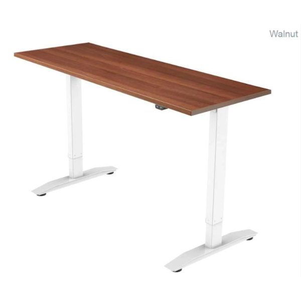 height adjustable desk with walnut desk top and white leg frame