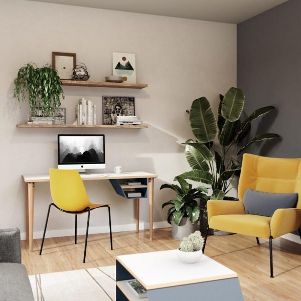 home office desk in room set with yellow seating