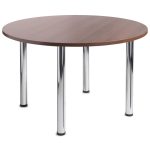 Circular meeting table with walnut desk top and chrome legs