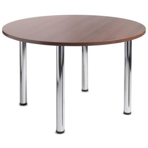Circular meeting table with walnut desk top and chrome legs