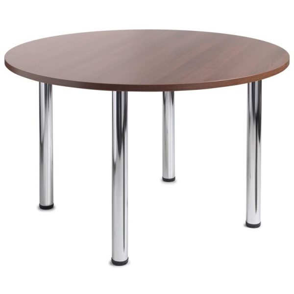 Circular meeting table with walnut desk top and chrome legs