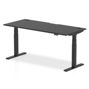 height adjustable office desk with black desk top and black leg frame