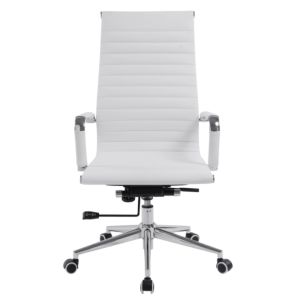 high back executive office chair with chrome 5 star base and padded arms. Front view