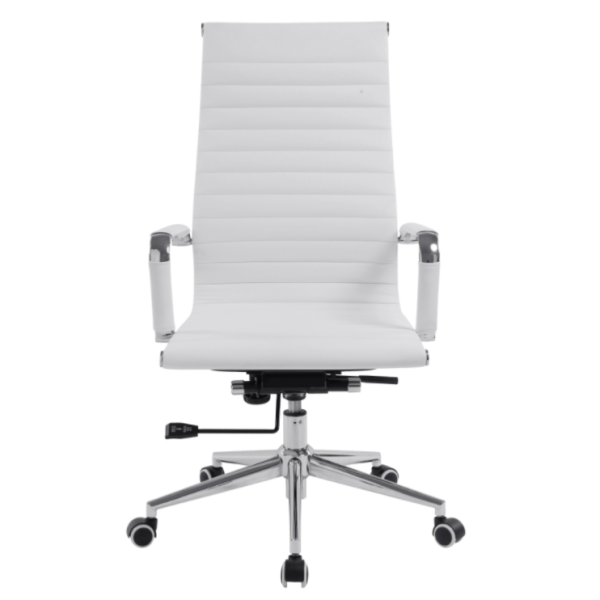 high back executive office chair with chrome 5 star base and padded arms. Front view