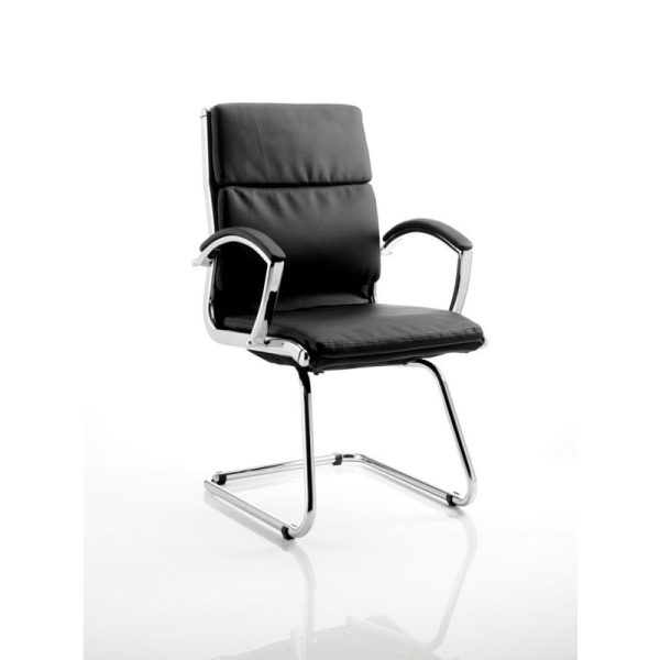 visitor chair in black leather and chrome frame