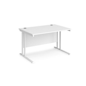 Office desk with white desk top and silver cantilever leg frame