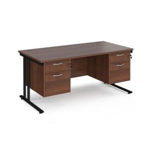 2 pedestal desk. Office desk with 2 shallow and filing drawers in walnut finish with black frame.