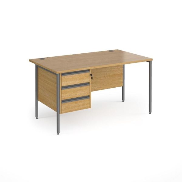 3 drawer desk in oak with graphite H leg frame