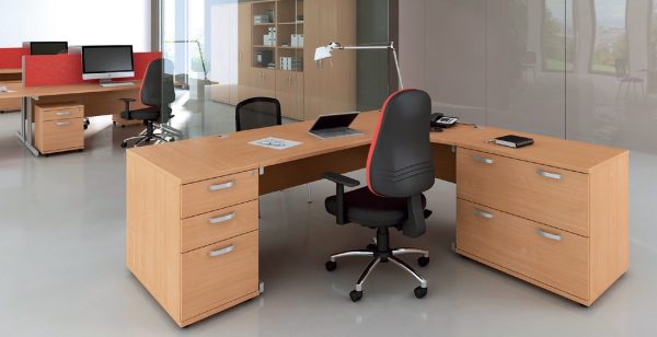 cantilever straight office desk in beech finish with desk high pedestal