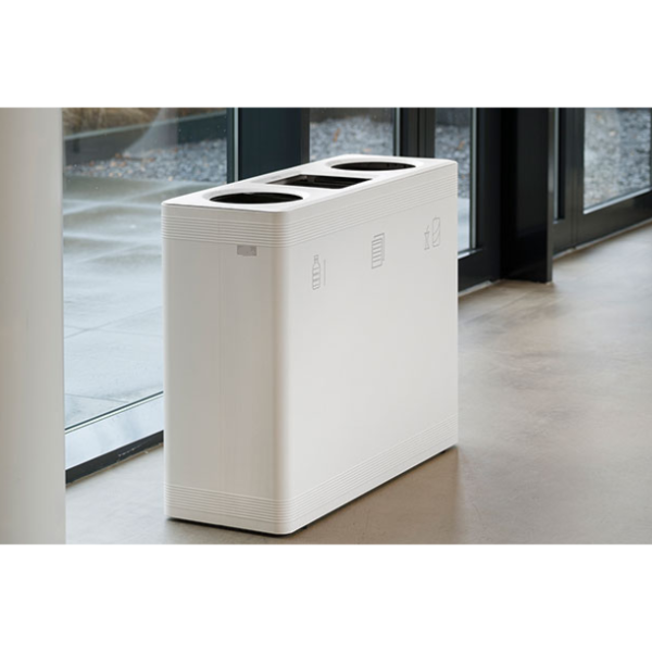 Modern white office recycling bin with 3 top cut outs for different waste