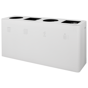 office recycling bin with 4 sections. With different cut outs for different waste and pictograms on the front