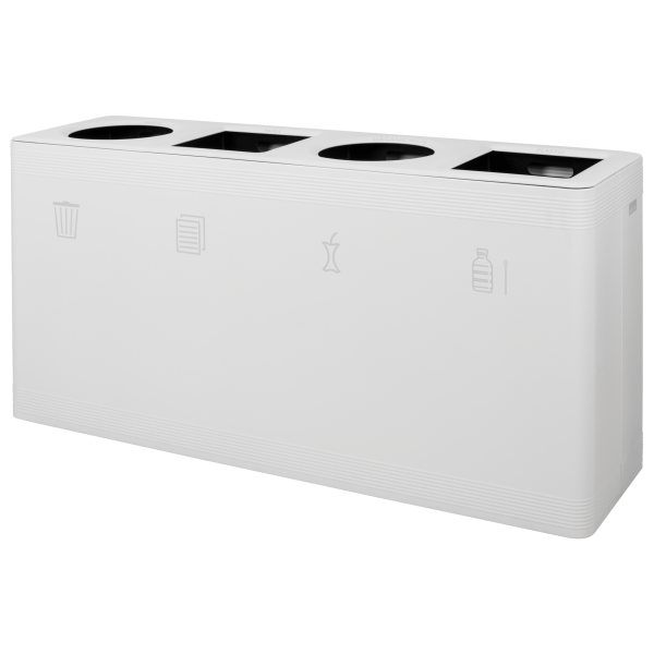 contemporary workplace recycling bin with 4 sections. With different cut outs for different waste and pictograms on the front