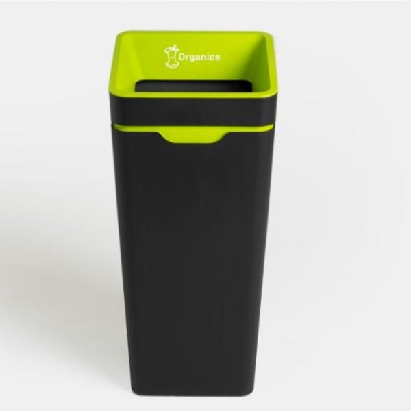 black office recycling bin with lime green top with Organics lettering and pictogram