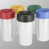 Group of silver office recycling bins with coloured tops for different waste streams