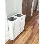 white office recycling bins with green lettering Mixed Recycling and black lettering General Waste