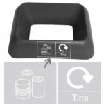 black plastic office recycling bin ring top with tins lettering and pictogram