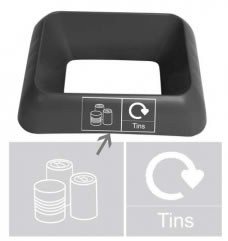 black plastic office recycling bin ring top with tins lettering and pictogram