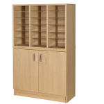 Cupboard top post sorter. Pigeon hole unit with 18 spaces in oak finish with acrylic shelves. Pigeon holes on top of mailroom cupboard