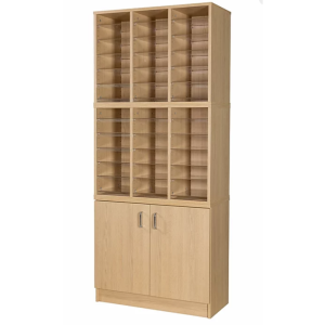 pigeon holes on a cupboard. 36 space pigeon hole unit in oak finish with acrylic shelves
