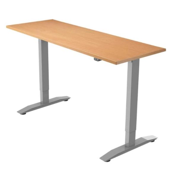 height adjustable desk with beech desk top and silver leg frame