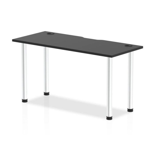 office desk with black desk top and aluminium legs