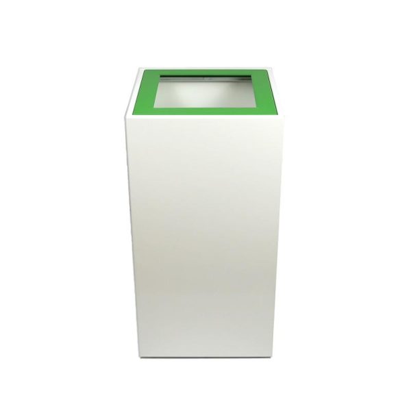 white office recycling bin with green top