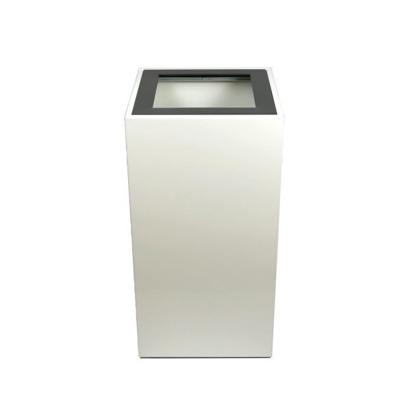white office recycling bin with black top