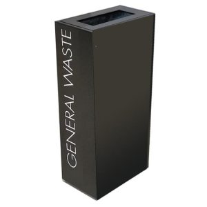 slimline black office recycling bin with white lettering