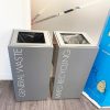 silver office recycling bins with white lettering General Waste and Mixed Recycling
