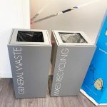 silver office recycling bins with white lettering General Waste and Mixed Recycling