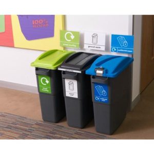 black plastic office recycling bins in a row of 3. One with green lid and sticker, one with black lid and white sticker and one with blue lockable lid and sticker