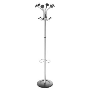 chrome coat stand with black hooks and base