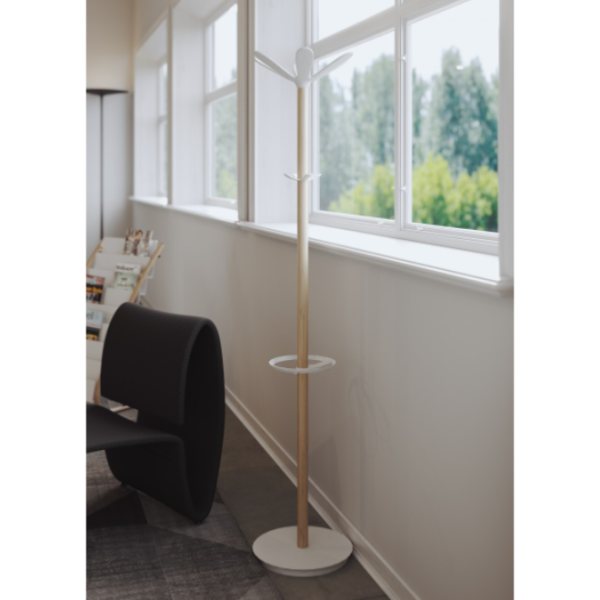 contemporary light wood coat stand and white hooks and umbrella ring