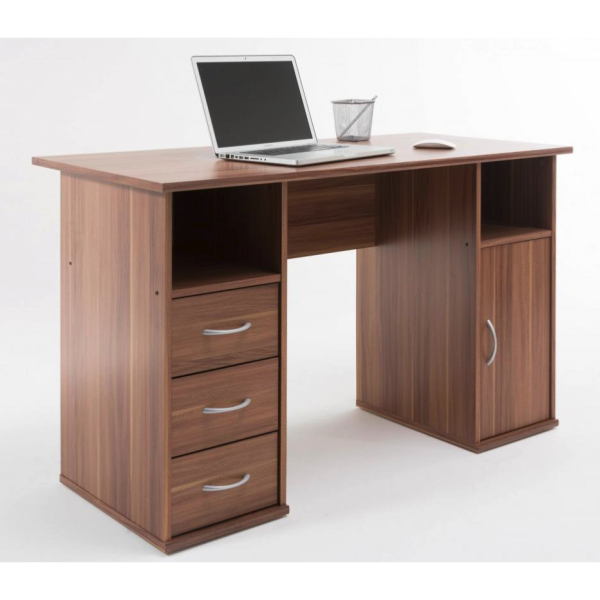 walnut home office desk with 3 drawers and cupboard pedestals