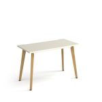 contemporary office table with white desk top and wood spindle legs