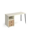 home office desk in light coloured desk top and 2 drawer desk pedestal with light wood drawer fronts. Hairpin leg frame