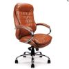 tan leather office chair with padded arms and chrome arms and base