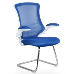 blue mesh office visitor chair with white arms and chrome cantilever frame