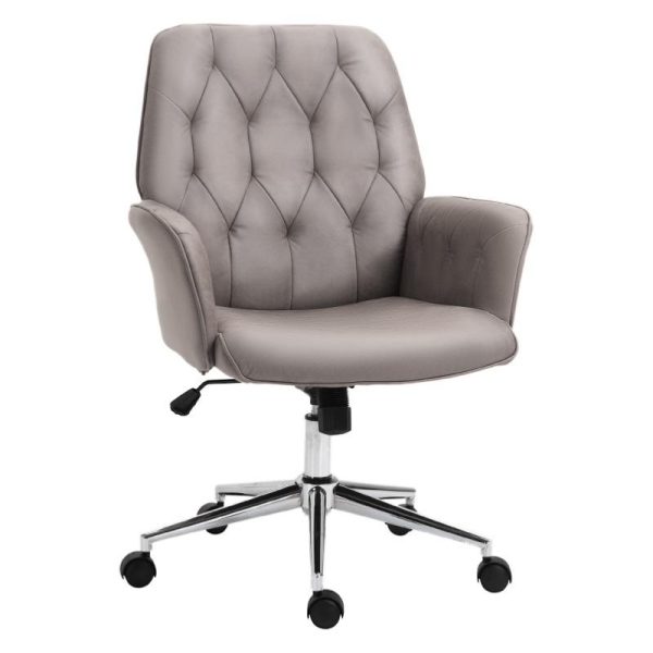 grey fabric office chair with buttoned back and chrome base