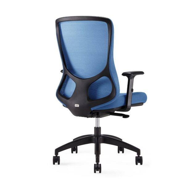 mesh back office chair with blue fabric seat and black frame and base