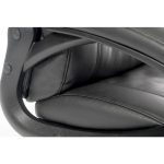 close up of black leather office chair showing side and arm