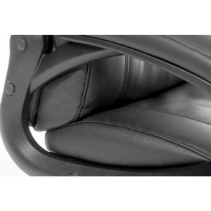 close up of black leather office chair showing side and arm