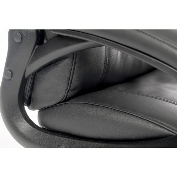 close up of black leather office chair showing side and arm