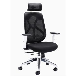 high back office chair with black mesh back and black fabric seat