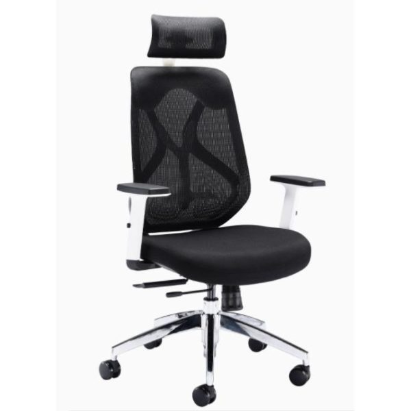 high back office chair with black mesh back and black fabric seat