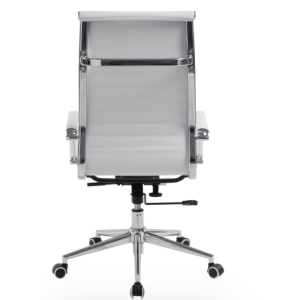 high back executive office chair in white leather and chrome frame. Back view
