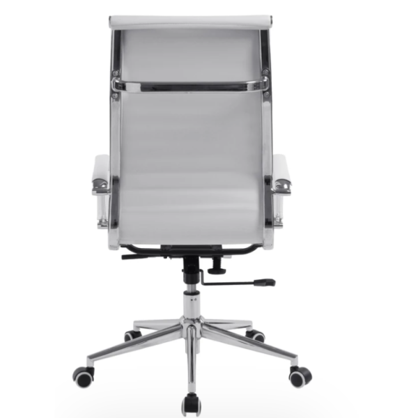 high back executive office chair in white leather and chrome frame. Back view