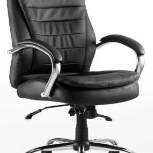 black leather office chair with padded arms and chrome base
