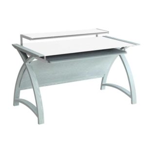 computer desk with curved wood design in grey oak finish and white glass desk top